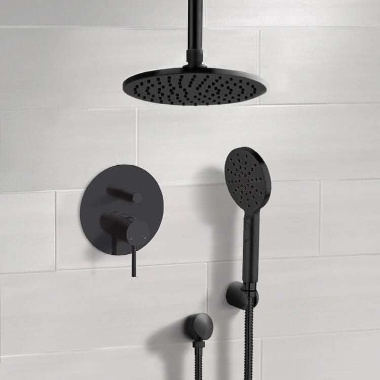Remer SFH86 Matte Black Shower System With 8 Inch Rain Ceiling Shower Head and Hand Shower